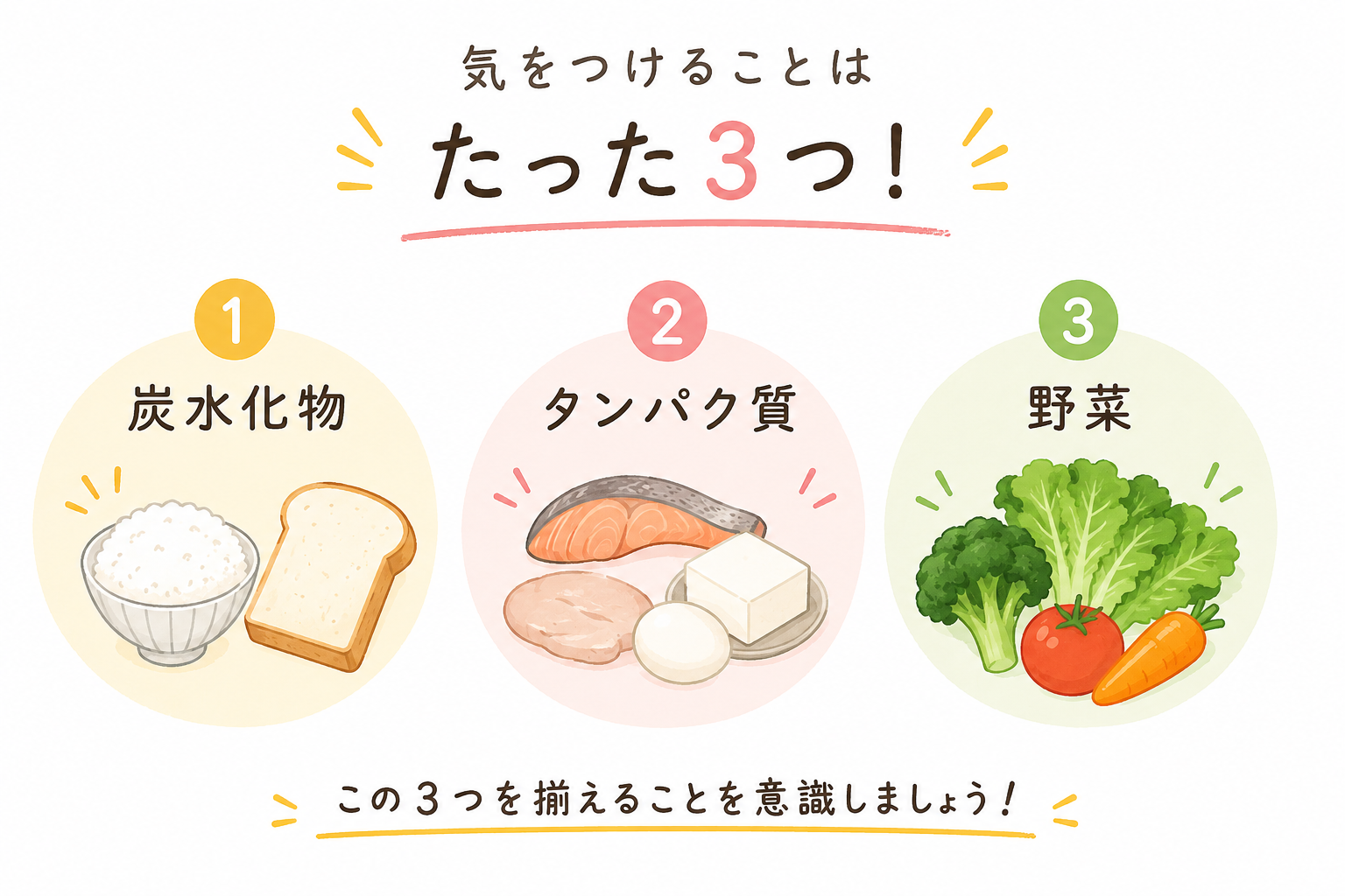 気をつけることはたった3つ！炭水化物・タンパク質・野菜