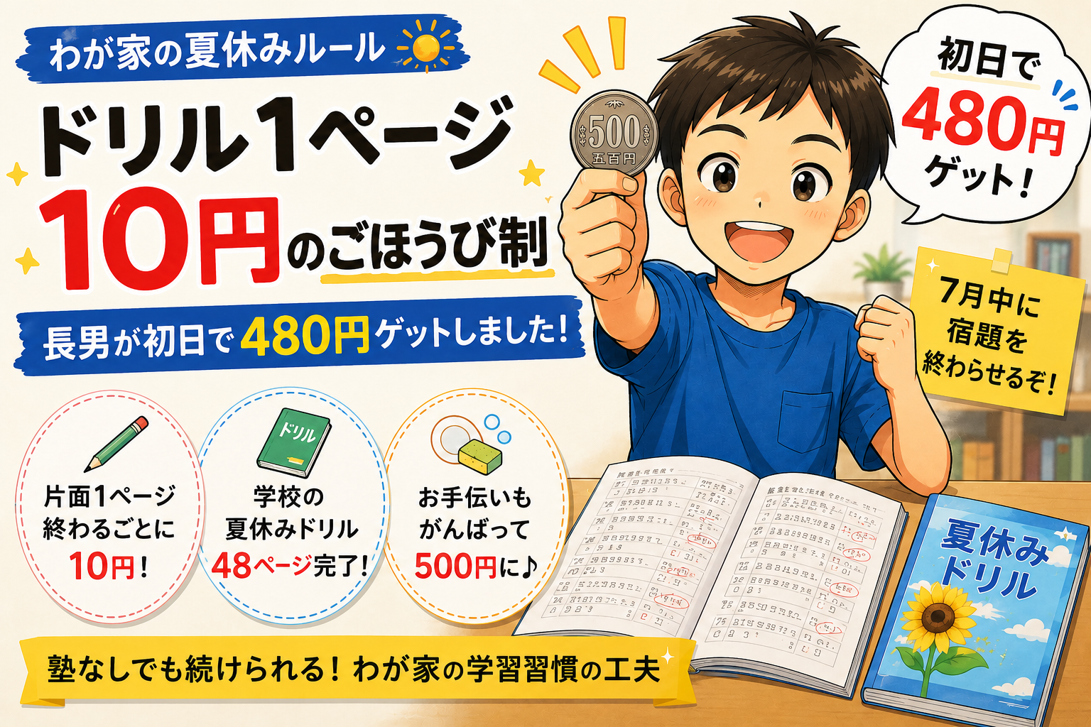 夏休みの宿題が進む！わが家の「ドリル1ページ10円」ごほうび制度
