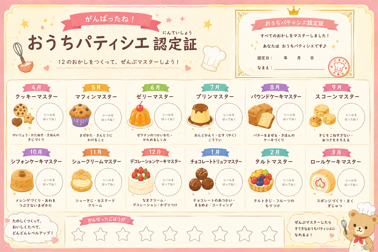 おうちパティシエ認定シート。12のお菓子に挑戦してぜんぶマスターしよう