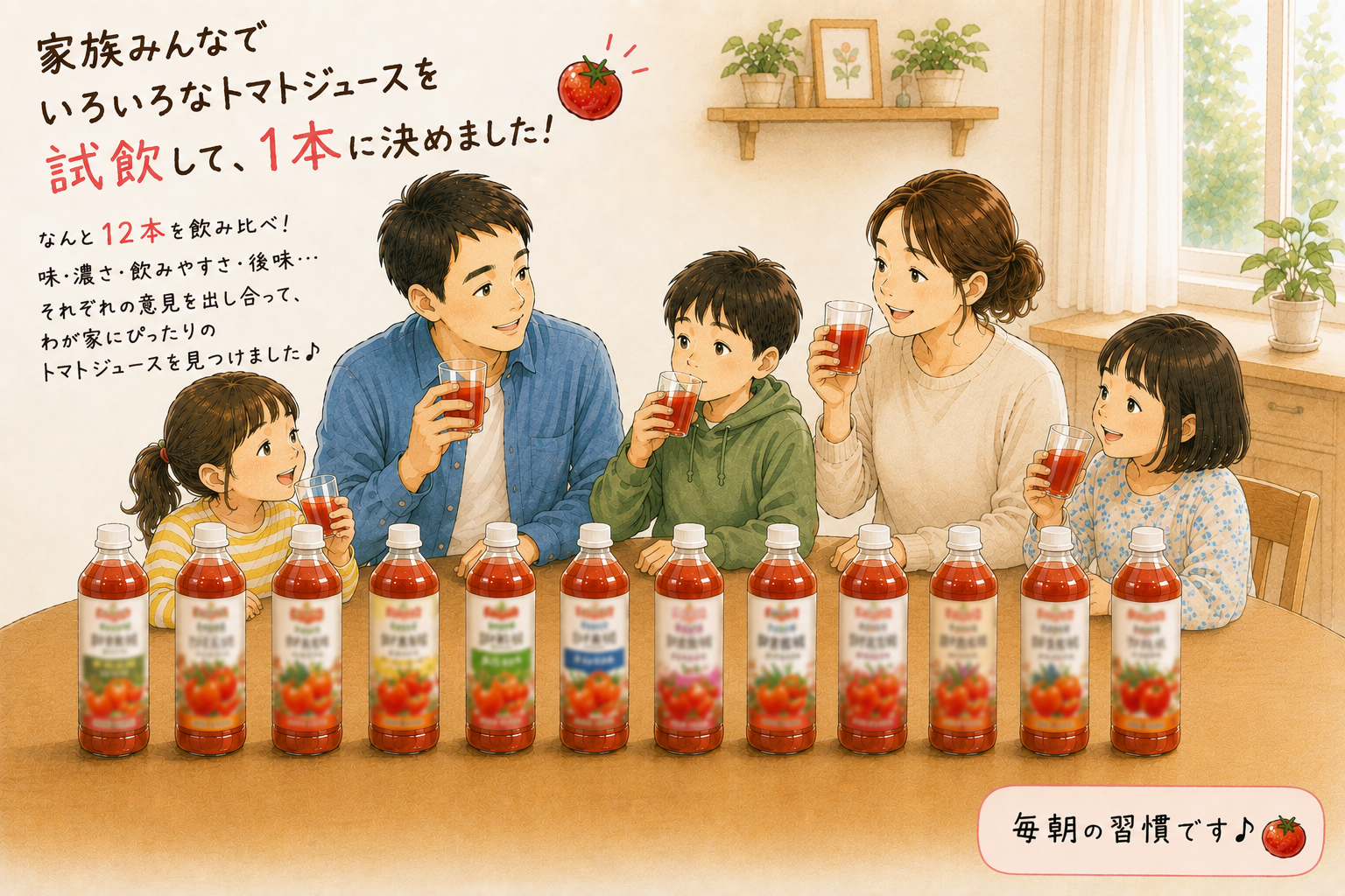家族みんなでトマトジュースを試飲