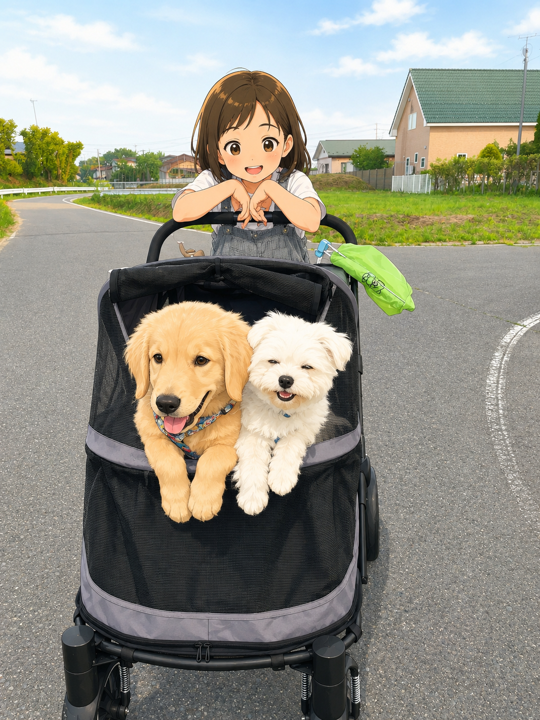 ゴールデンレトリーバーとポメラニアン×マルチーズMIXが一緒にペットカートに乗っている様子