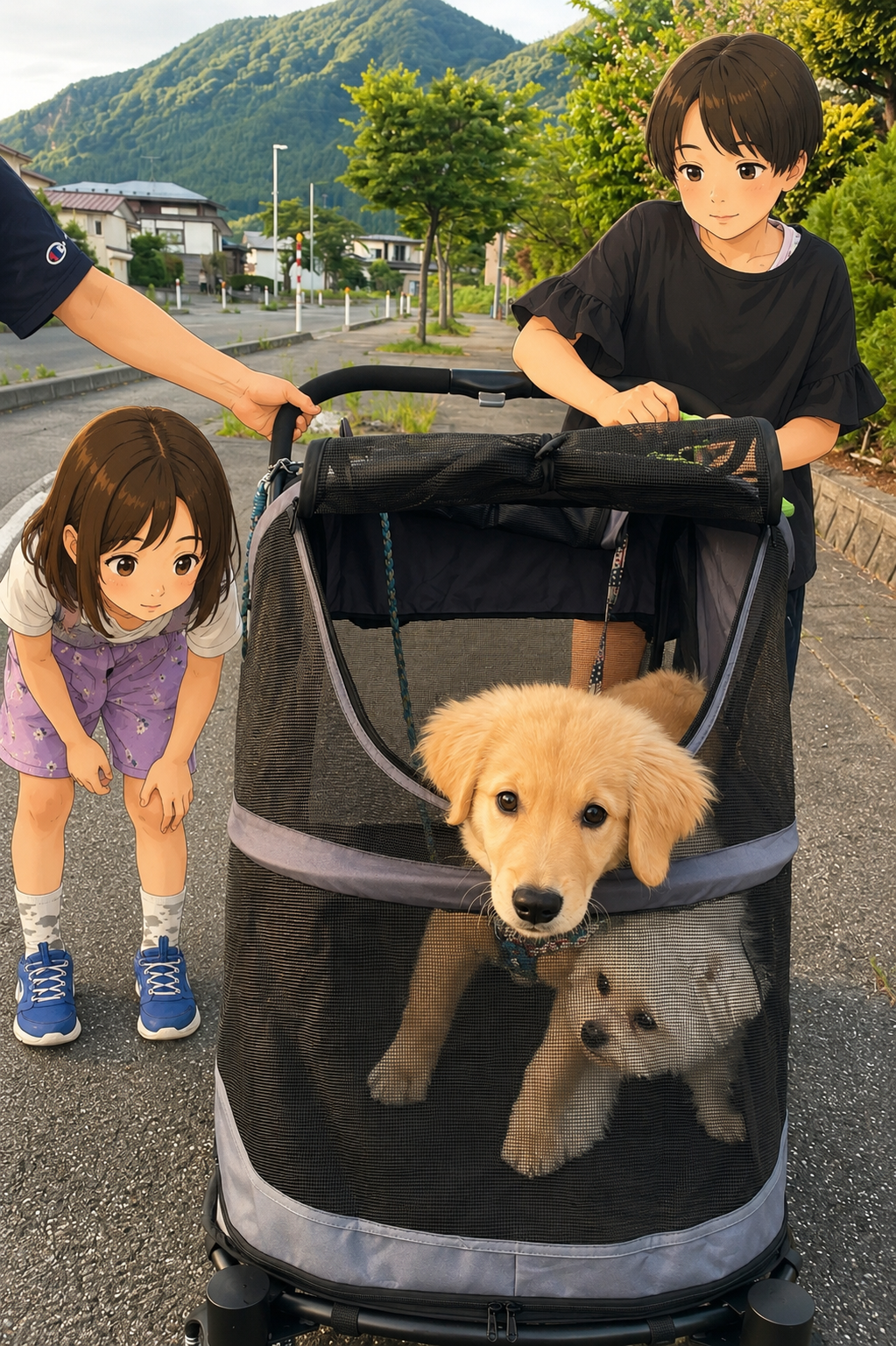 子どもたちがペットカートを押してお散歩