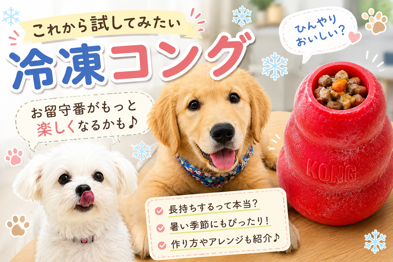 これから試してみたい冷凍コング（ポメマルとゴールデンと、フードを詰めた赤いコング）